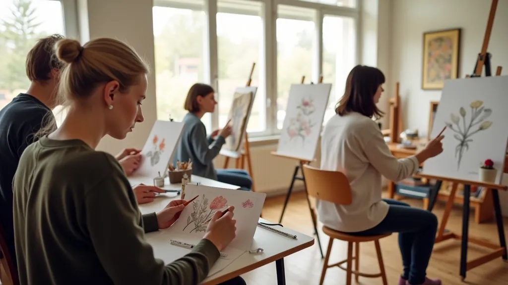 Group of people drawing together in bright art studio with easels and natural light from large windows