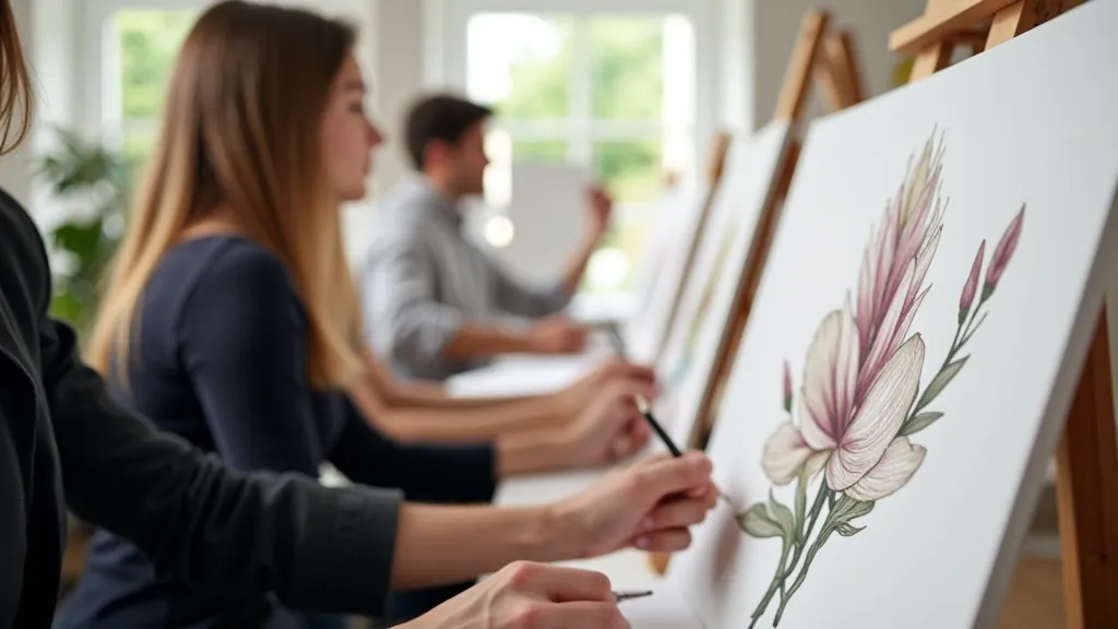 Beginner art students working at individual easels in Liepāja studio, coastal city light streaming through windows