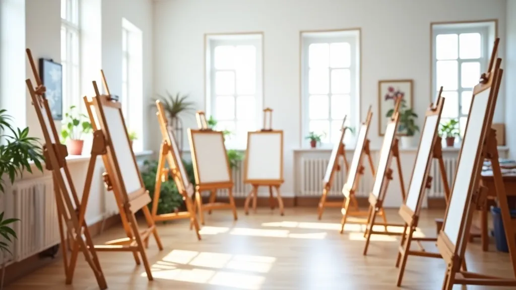 Art studio in Rīga with wooden easels arranged in a circle, large north-facing windows, and sketches pinned to white walls