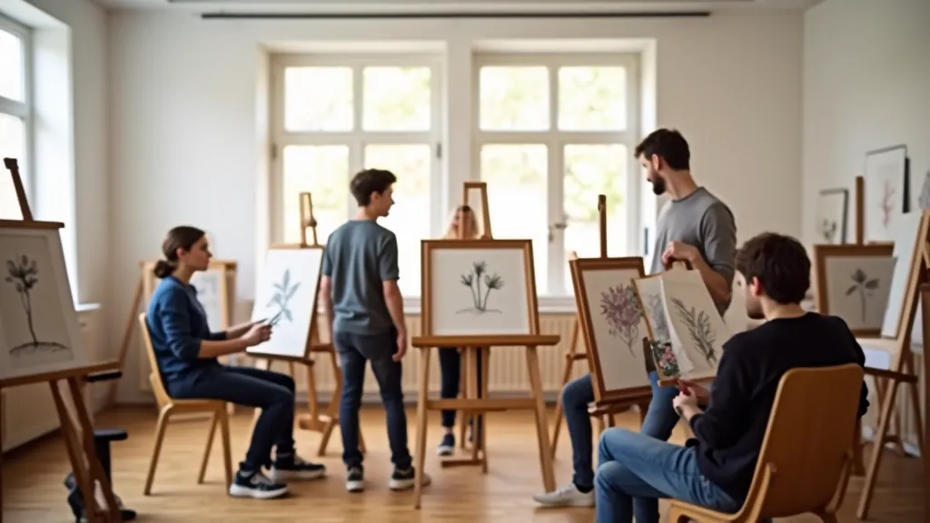 Art class students working together in studio space in Rīga or Liepāja with instructor providing guidance