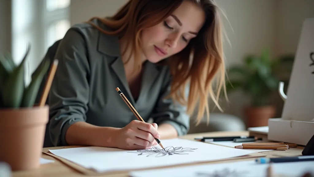 Artist's hand holding colored pencil over completed wildflower illustration, multiple finished botanical drawings arranged on table, color palette visible