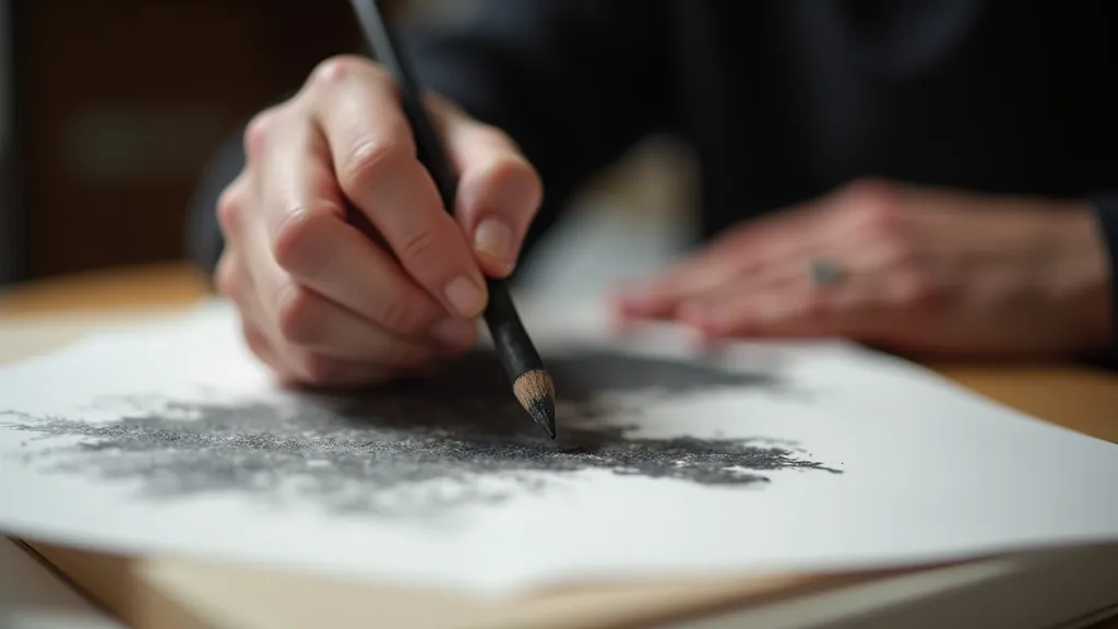 Artist's hand using a blending stump to soften charcoal marks on paper, demonstrating proper blending technique with smooth gradients visible