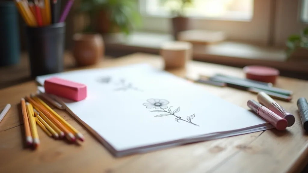 Wooden table with sharpened pencils, eraser, and sketchbook open with pencil marks