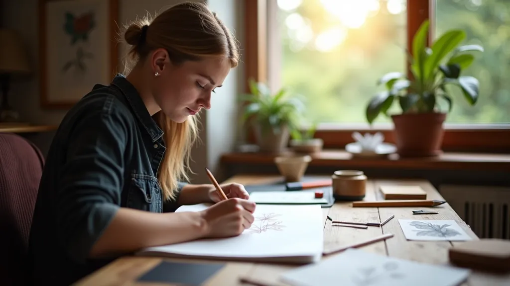 A beginner artist sketching with pencils and charcoal on a wooden studio table, natural light from window, artistic materials and reference drawings visible