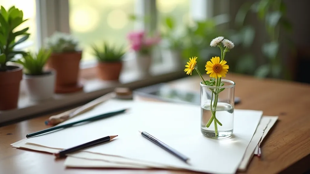 Botanical specimen with magnifying glass on light wooden table, natural daylight from window, Latvian wildflower in glass of water, sketch pad visible nearby