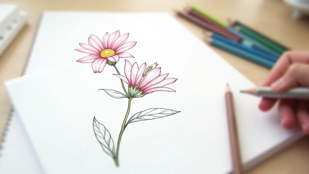 Botanical illustration showing detailed wildflower petals and leaves on sketch paper