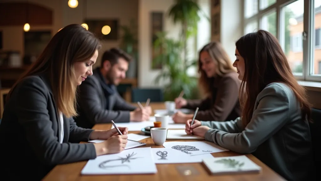 Small group of artists working together at wooden table in bright café, natural light, casual collaborative atmosphere