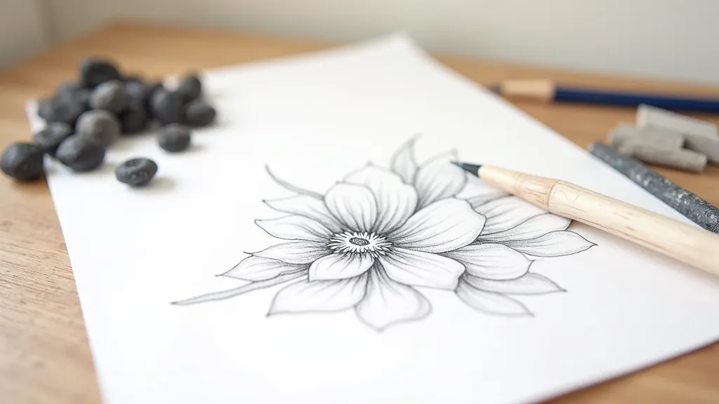 Charcoal sticks and blending tools arranged on textured paper with smudge marks