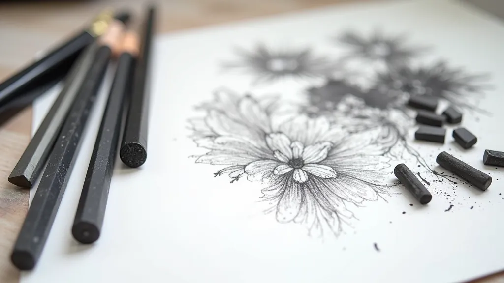 Charcoal sticks, blending stumps, and charcoal smudges on white paper with rough texture