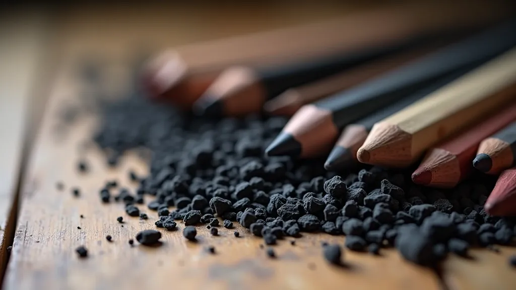 Close-up of various charcoal stick types arranged showing willow, compressed, and charcoal pencil options in different shades