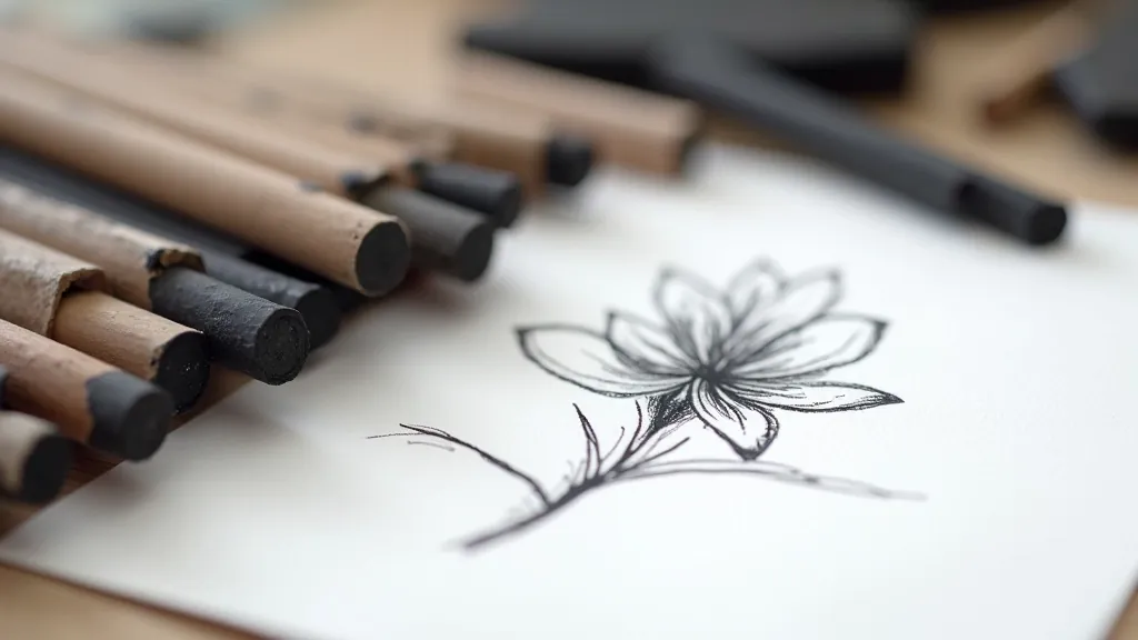 Charcoal drawing materials and finished charcoal artwork on artist's desk with blending tools and fixative spray