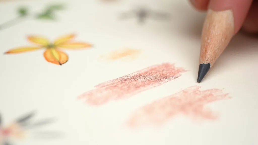 Colored pencil marks showing shading techniques on cream paper, gradual color blending from light to dark, botanical flower outline sketch visible