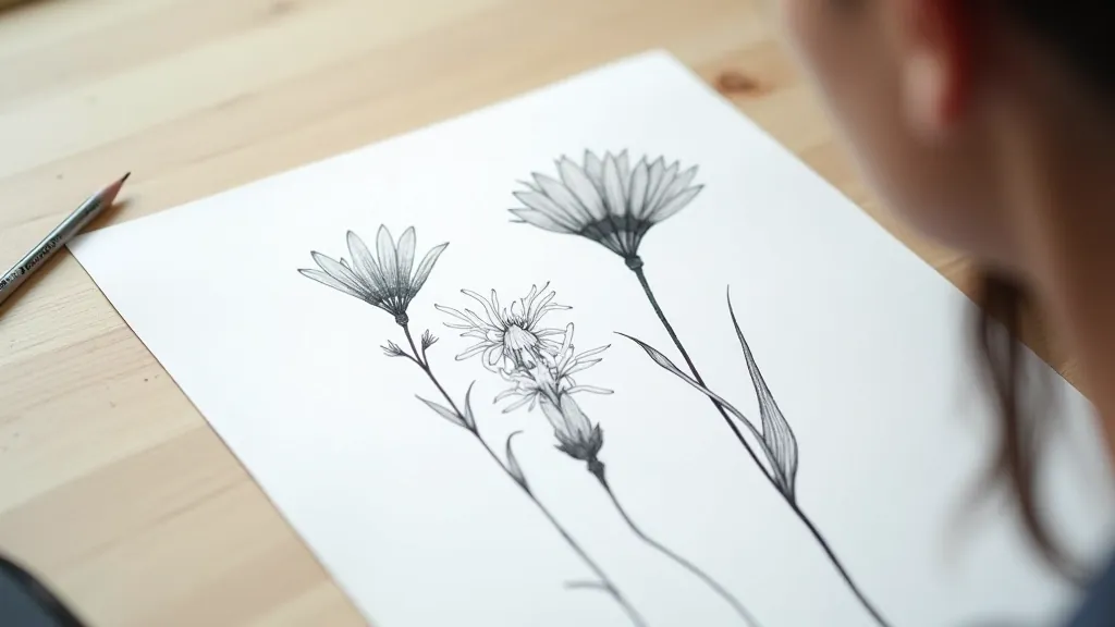 Close-up of detailed botanical wildflower sketch with pencil and charcoal, showing intricate shading and natural plant specimen beside the artwork
