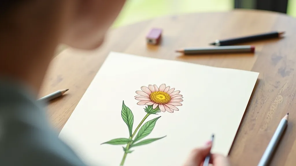 Botanical illustration of wildflower with detailed petals and leaves on sketch paper with colored pencils nearby