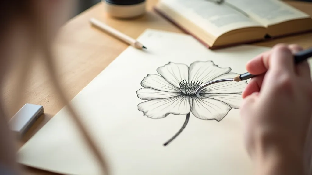 Detailed botanical illustration sketch showing flower anatomy with labeled parts, stamens and pistil clearly visible, leaf vein patterns indicated, pencil and botanical reference guide on desk