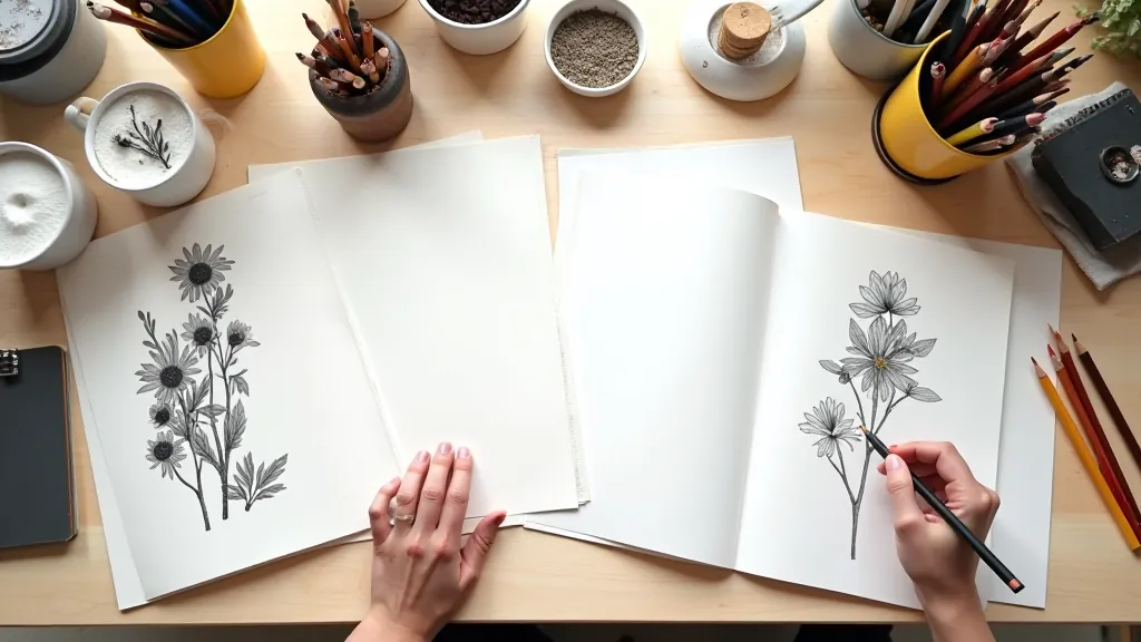 Overhead view of artist's workspace with sketchbooks, botanical specimens, and drawing materials arranged on light wooden surface with natural light