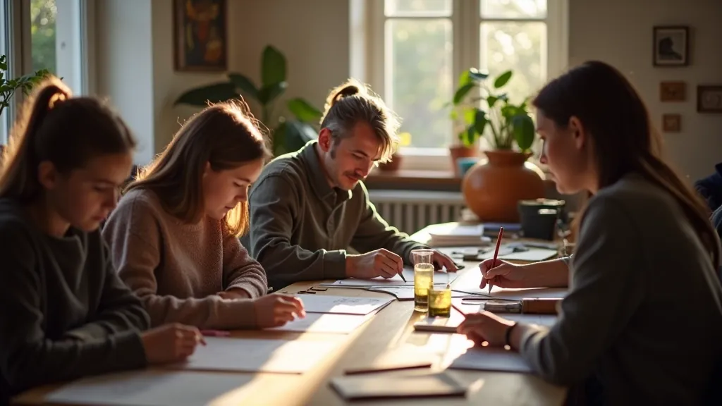 Group of beginner artists in a studio classroom learning drawing techniques together